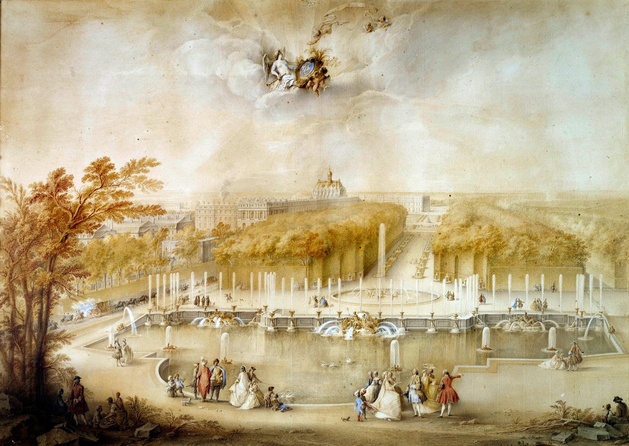 Widok perspektywiczny ogrodów i parteru du Nord oraz zamku w Wersalu zaczerpnięty z Zagłębia Neptuna Malarstwo a la gwasz Jacques Andre Porte (1695-1759) Ndz. 0,51x0,72 m Wersal, właściciel zamku autorstwa Jacqes Andre Portail