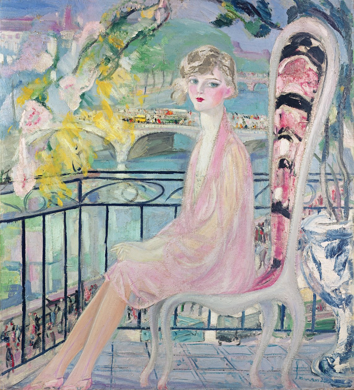 Portret Dolly Davis na balkonie przed starym mostem Alma autorstwa Jacqueline Marval