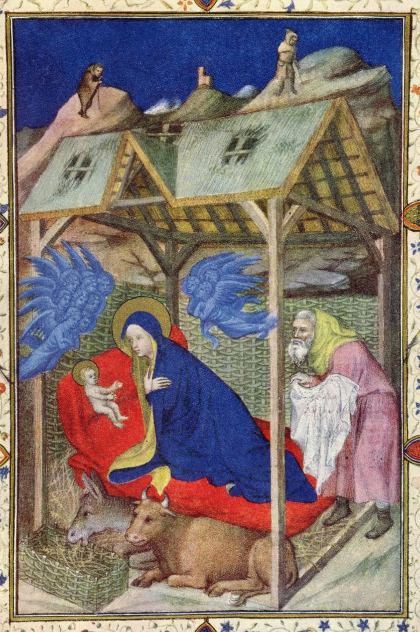 MS 11060-11061 Godziny Notre Dame: Prime, Narodziny Chrystusa, z Tres Riches Heures du Duc de Berry, detal welinowy z początku XV wieku z 67618 autorstwa Jacquemart de Hesdin