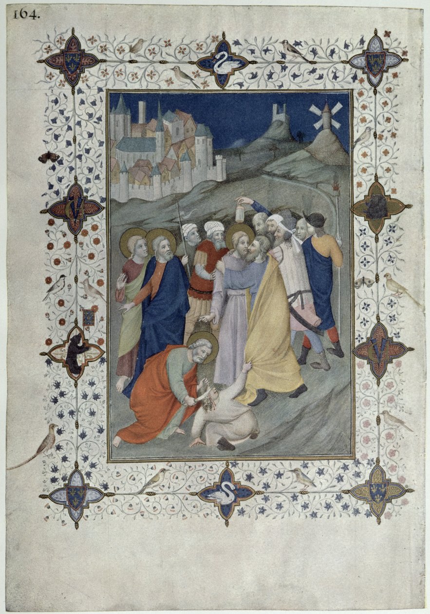 MS 11060-11061 Godziny Krzyża: Jutrznia i Laudes, Zdrada Judasza, z „Tres Riches Heures du Duc de Berry” autorstwa Jacquemart de Hesdin