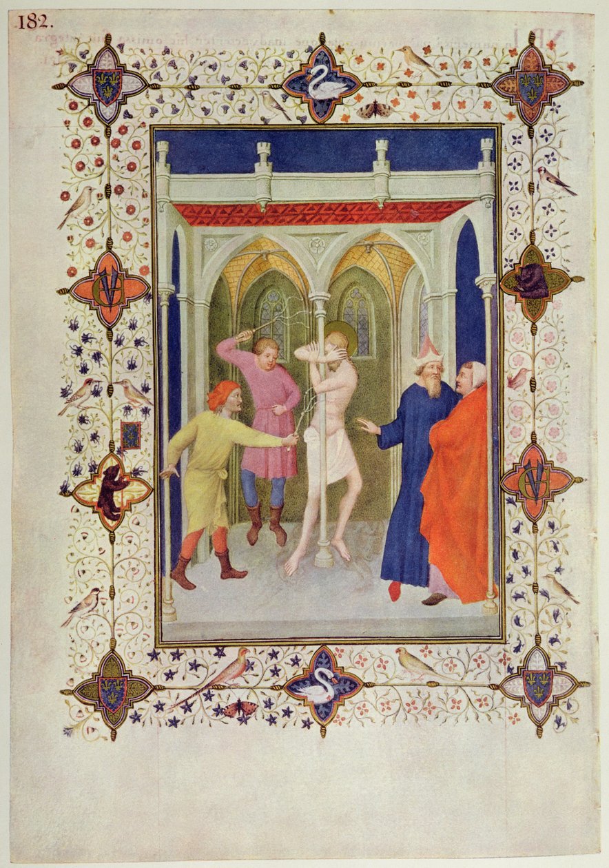 MS 11060-11061 Godziny krzyża: Tierce, Biczowanie Chrystusa, z „Tres Riches Heures du Duc de Berry” autorstwa Jacquemart de Hesdin