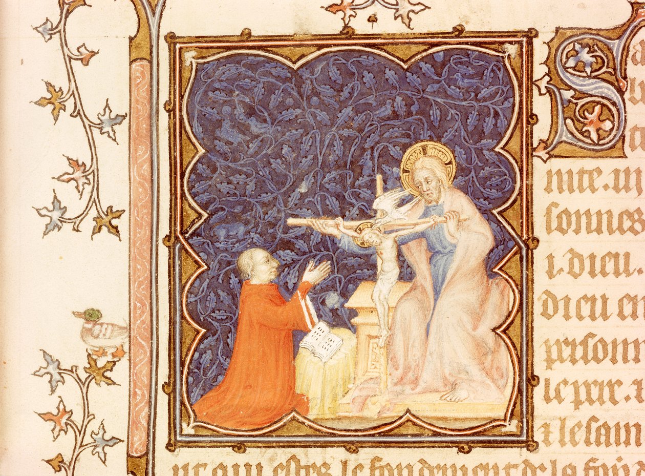 Pani Lat 18014 Jean de France (1340-1416) Książę Berry modlący się przed Jezusem Ukrzyżowanym, z Les Petites Heures de Duc de Berry, c.1385-90 autorstwa Jacquemart de Hesdin