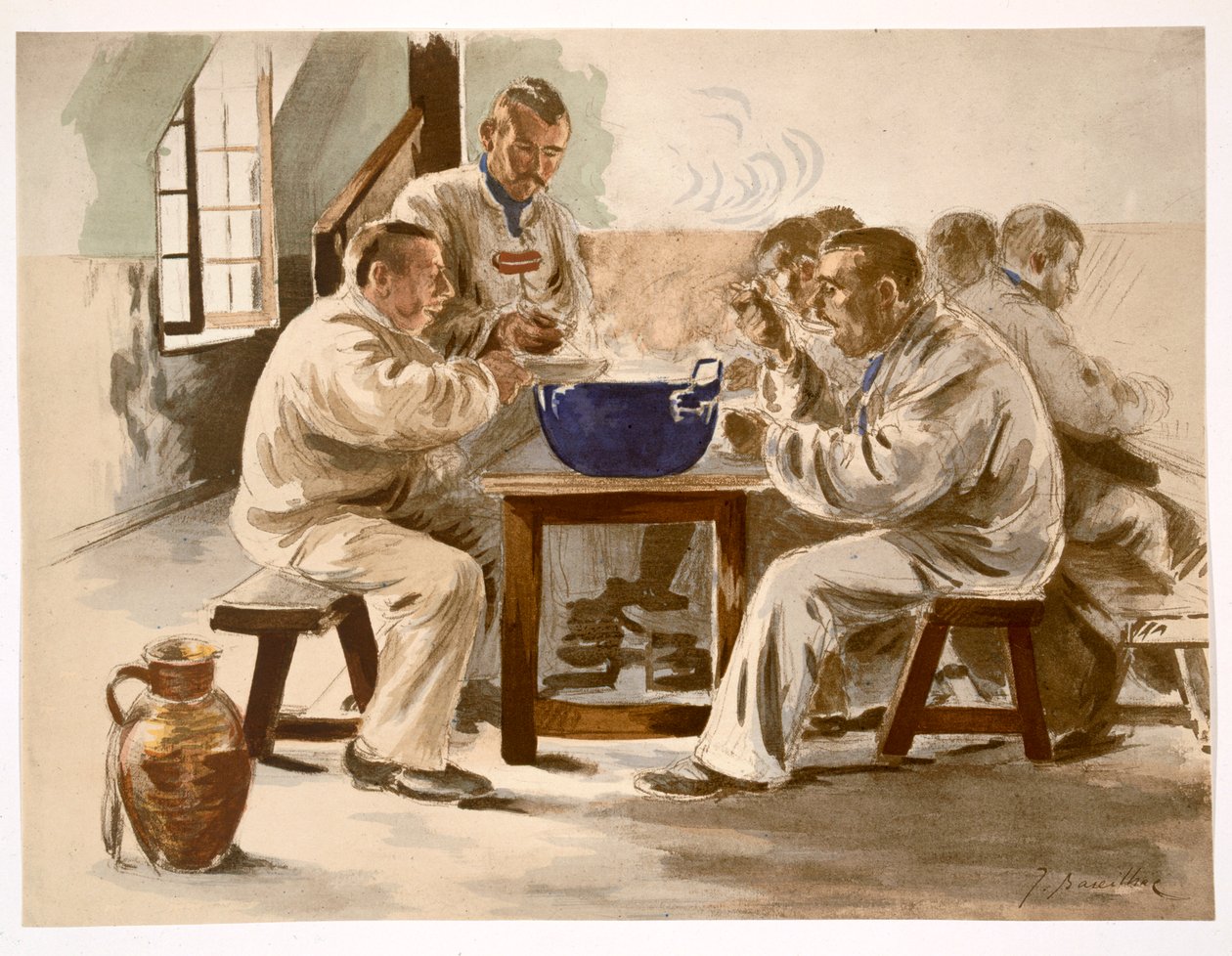 Jedząc zupę w koszarach, z LEstampe Moderne, wyd. Paryż 1897-99 autorstwa Jacques Baseilhac