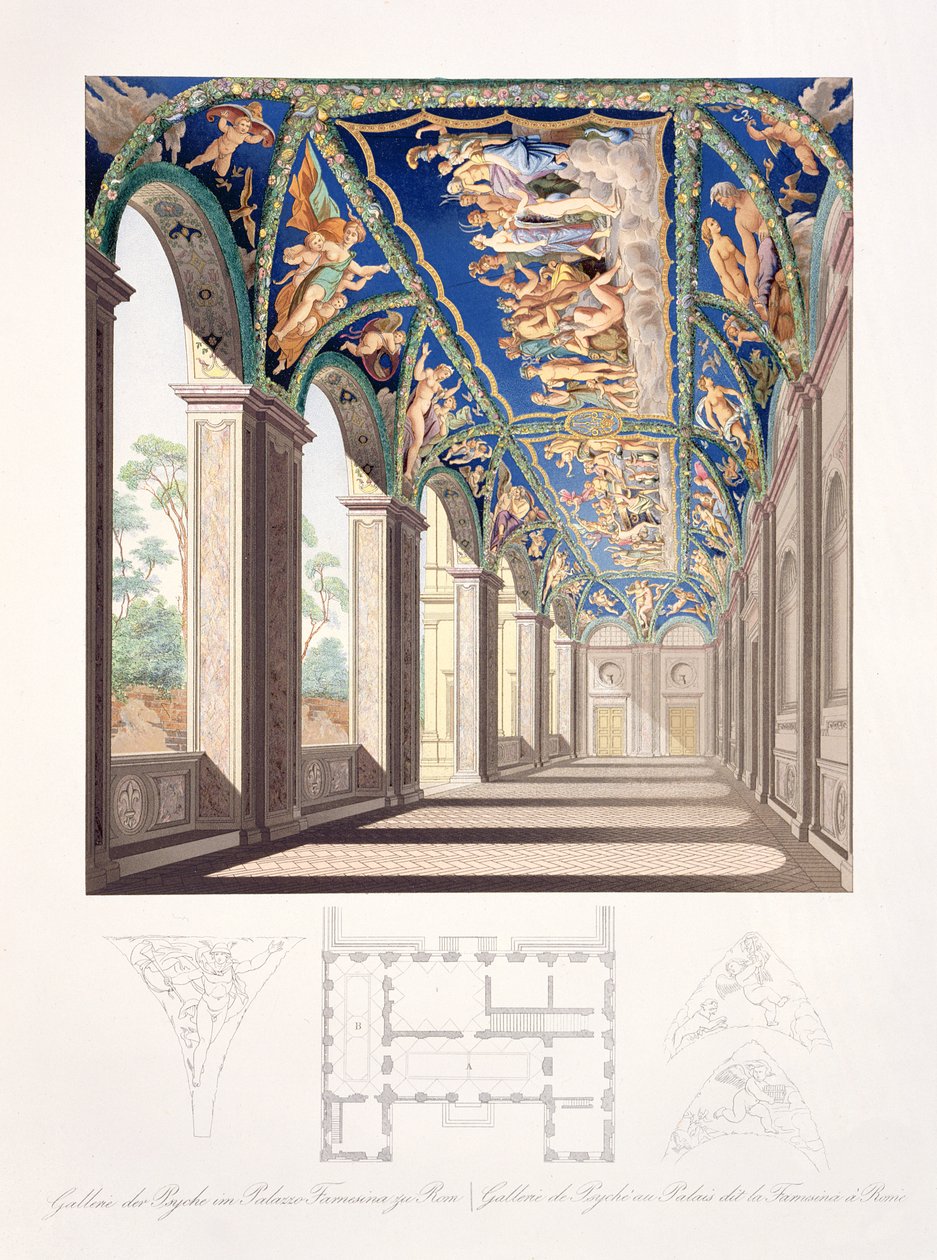 Galeria Psyche w Villa Farnesina, Rzym, z zestawu dwunastu rycin, opublikowanych 1693 (ręcznie kolorowana miedzioryt) autorstwa Jacques Belly