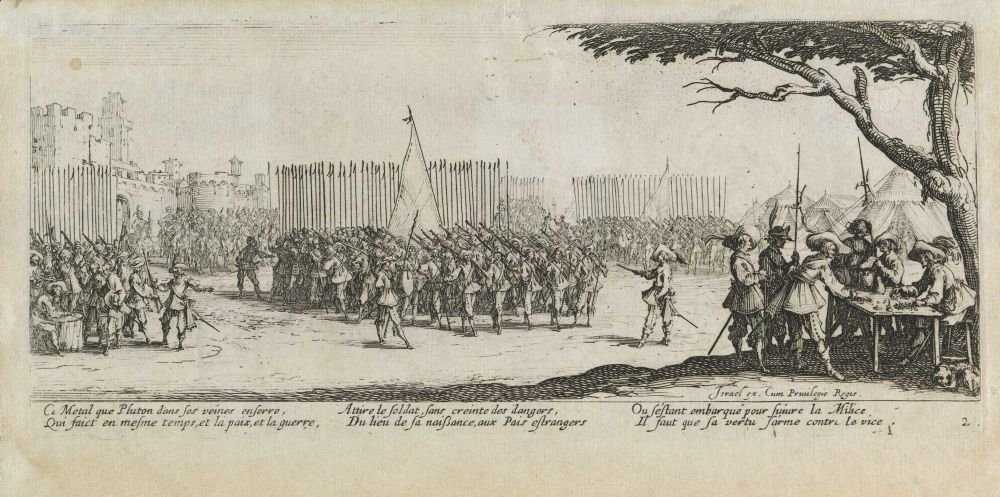 Rekrutacja oddziału Les miseres et les mal-heures de la guerre, pl. 2 autorstwa Jacques Callot