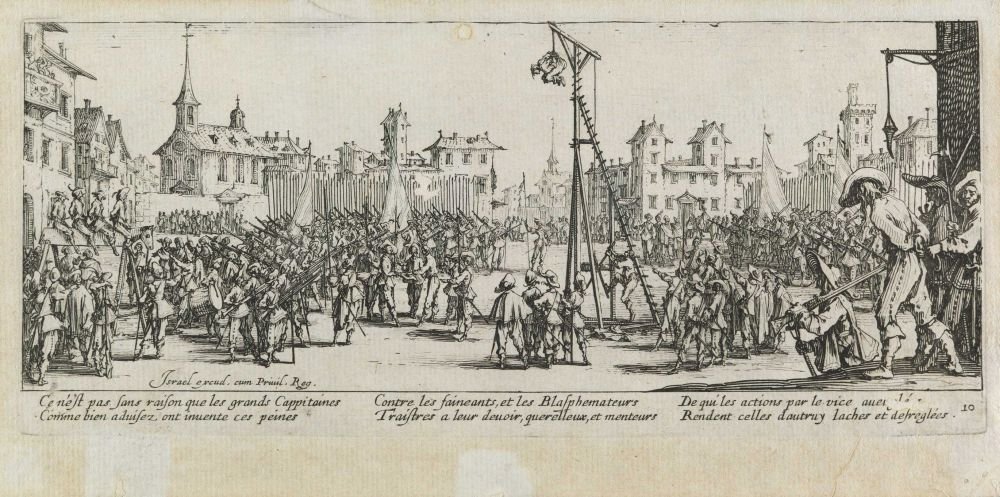 Tortura bloczka Les miseres et les mal-heures de la guerre, pl. 10 autorstwa Jacques Callot