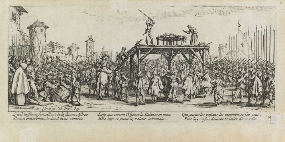 Tortura koła Les miseres et les mal-heures de la guerre, pl. 14 autorstwa Jacques Callot