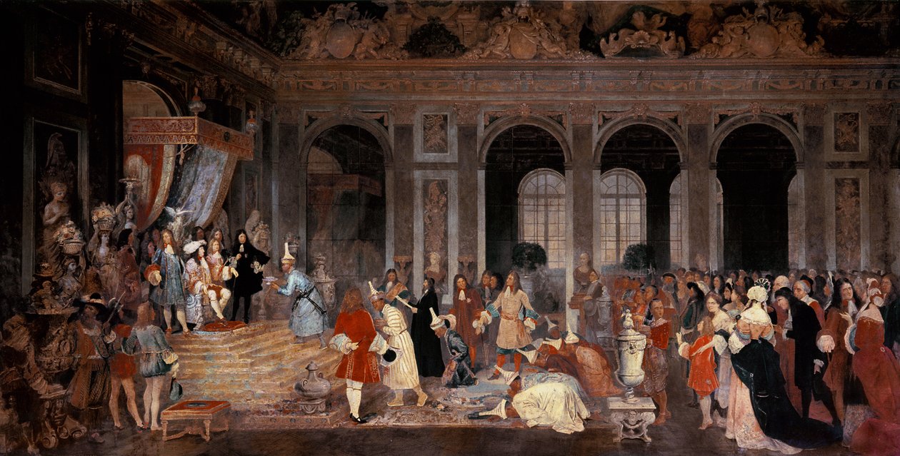 Ludwik XIV odbiera ambasadorów z Syjamu w Wersalu, ok. 1865-67 autorstwa Jacques Edmond Leman