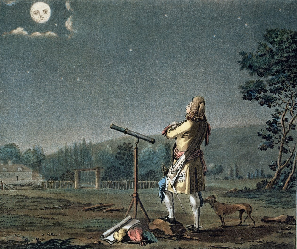 Bernard le Bovier de Fontenelle (1657-1757) kontemplujący mnogość światów, rytowany przez Jean Baptiste Morret (fl.1790-1820) 1791 (zob. też 169293) autorstwa Jacques Francois Joseph Swebach