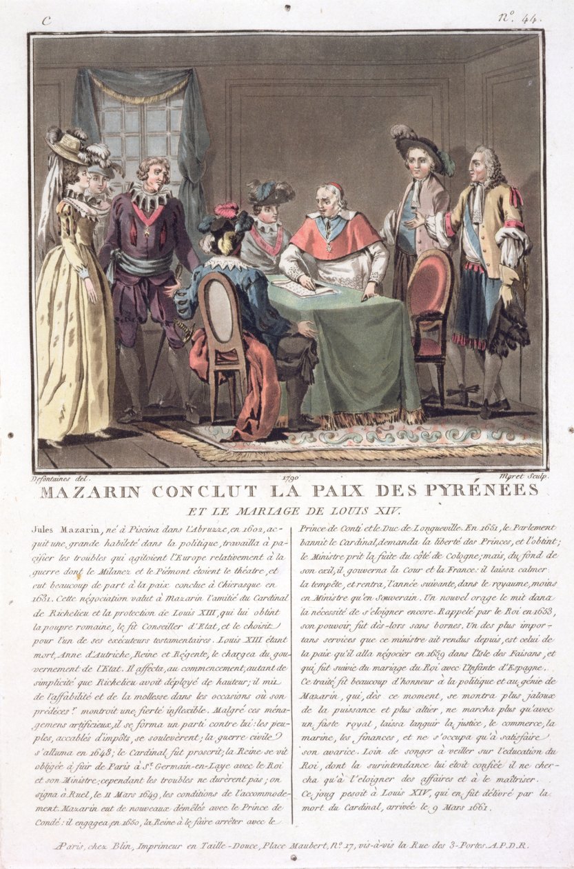 Kardynał Mazarin (1602-61) zawiera pokój pirenejski, 1659, rycina autorstwa Jean Baptiste Morret (fl.1790-1820), 1790 autorstwa Jacques Francois Joseph Swebach