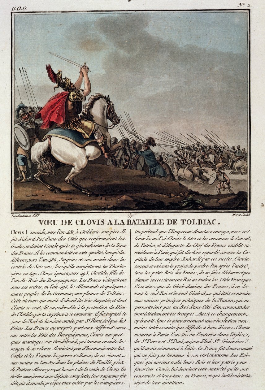 Clovis I (ok.466-511) w bitwie pod Tolbiac, 496 rne, grawerowane przez Jean Baptiste Morret (fl.1790-1820), 1791 autorstwa Jacques Francois Joseph Swebach