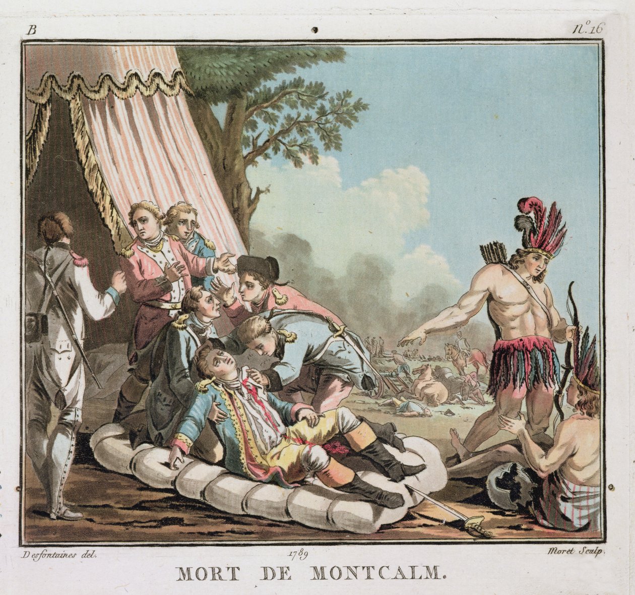 Śmierć Louisa Josepha de Montcalm podczas oblężenia Quebecu, 1759, rycina Jean Baptiste Morret (fl.1790-1820), 1789 (kolorowa lito) (patrz także 139883) autorstwa Jacques Francois Joseph Swebach