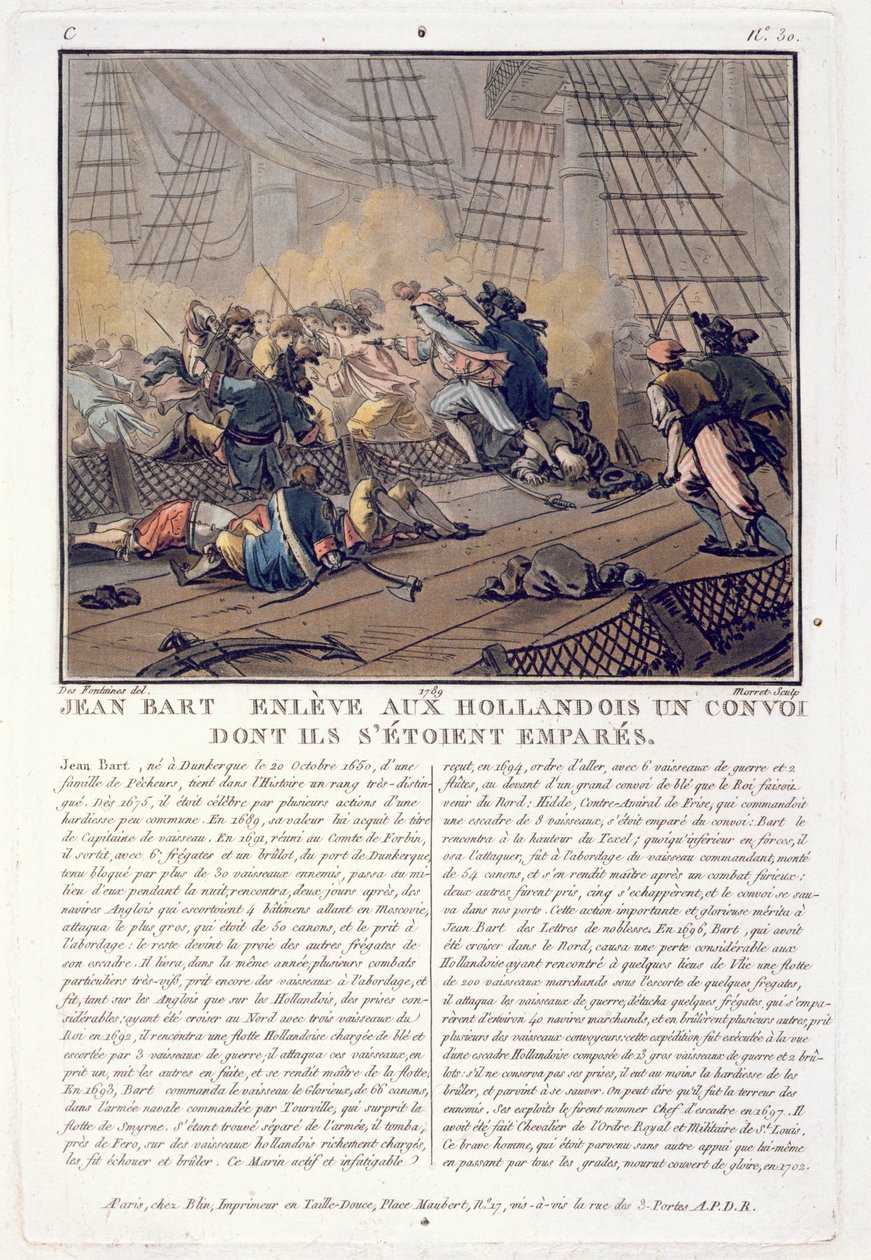 Jean Bart (1651-1702), francuski dowódca marynarki wojennej na konwoju holenderskim, 1696, rycina Jean Baptiste Morret (fl.1790-1820), 1789 autorstwa Jacques Francois Joseph Swebach