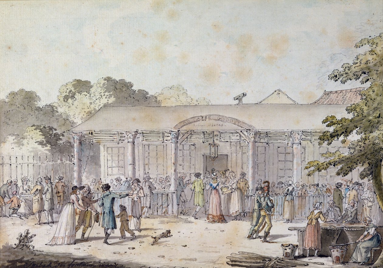 Cafe Goddet, Boulevard du Temple, w czasach konsulatu, 1799-1804 (pióro, tusz i wc na papierze) autorstwa Jacques Francois Joseph Swebach