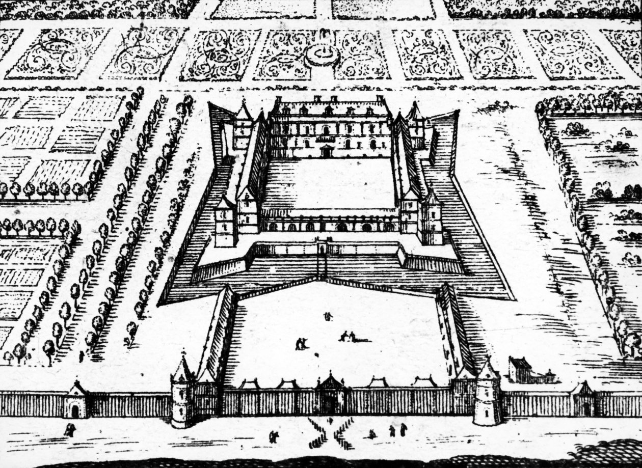 Widok królewskiego pałacu myśliwskiego w Wersalu z przełomu lat 20. i 30. XVI w., zbudowanego dla króla Ludwika XIII, 1652 r. autorstwa Jacques Gomboust