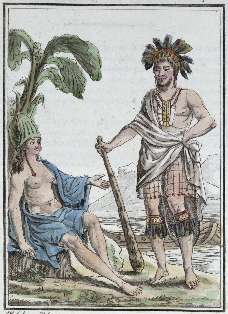 Mężczyzna i kobieta z Wyspy Wielkanocnej, z „Encyclopedie des Voyages”, sztychowanej przez Mixelle, wydanej w 1810 r. autorstwa Jacques Grasset de Saint Sauveur