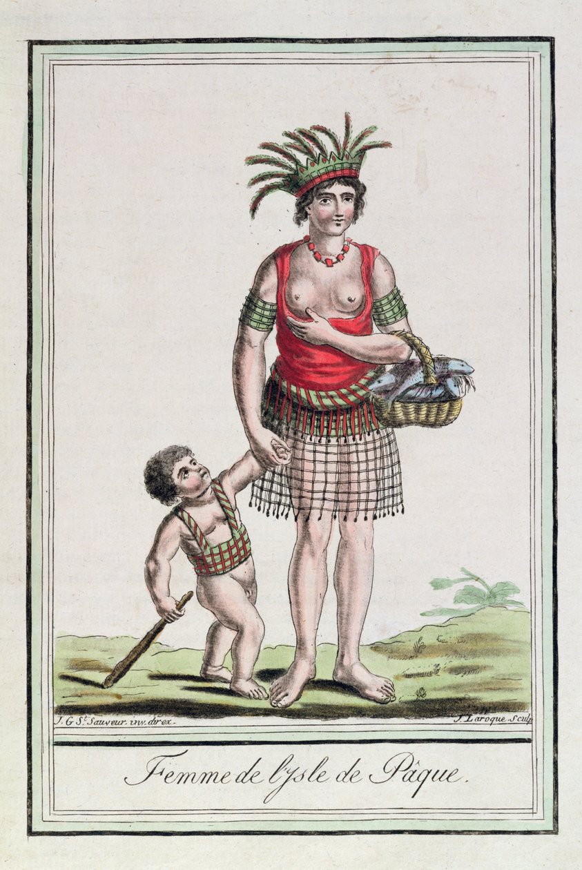 Kobieta z Wyspy Wielkanocnej z dzieckiem, z „Encyclopedie des Voyages”, sztych. J. Laroque, 1796 autorstwa Jacques Grasset de Saint Sauveur
