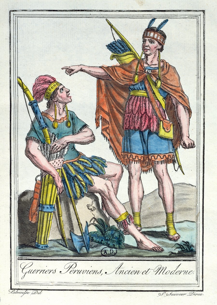 Starożytni i współcześni peruwiańscy wojownicy, ilustracja z „Encyclopedie des Voyages”, grawerowana przez Labrousse