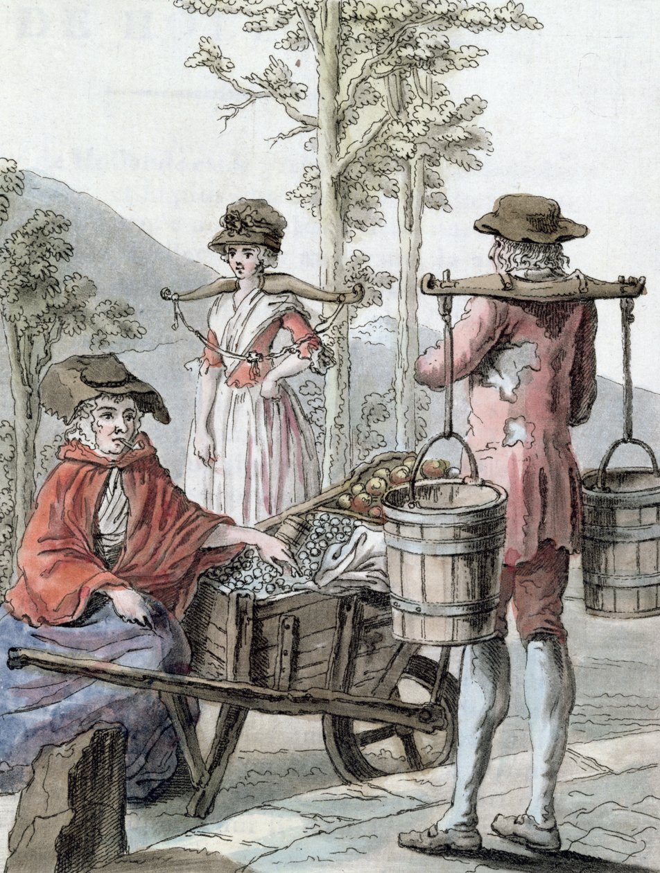 Angielscy chłopi sprzedający owoce i niosący mleko, ilustracja z "Encyclopedie des Voyages", wyryta przez Labrousse