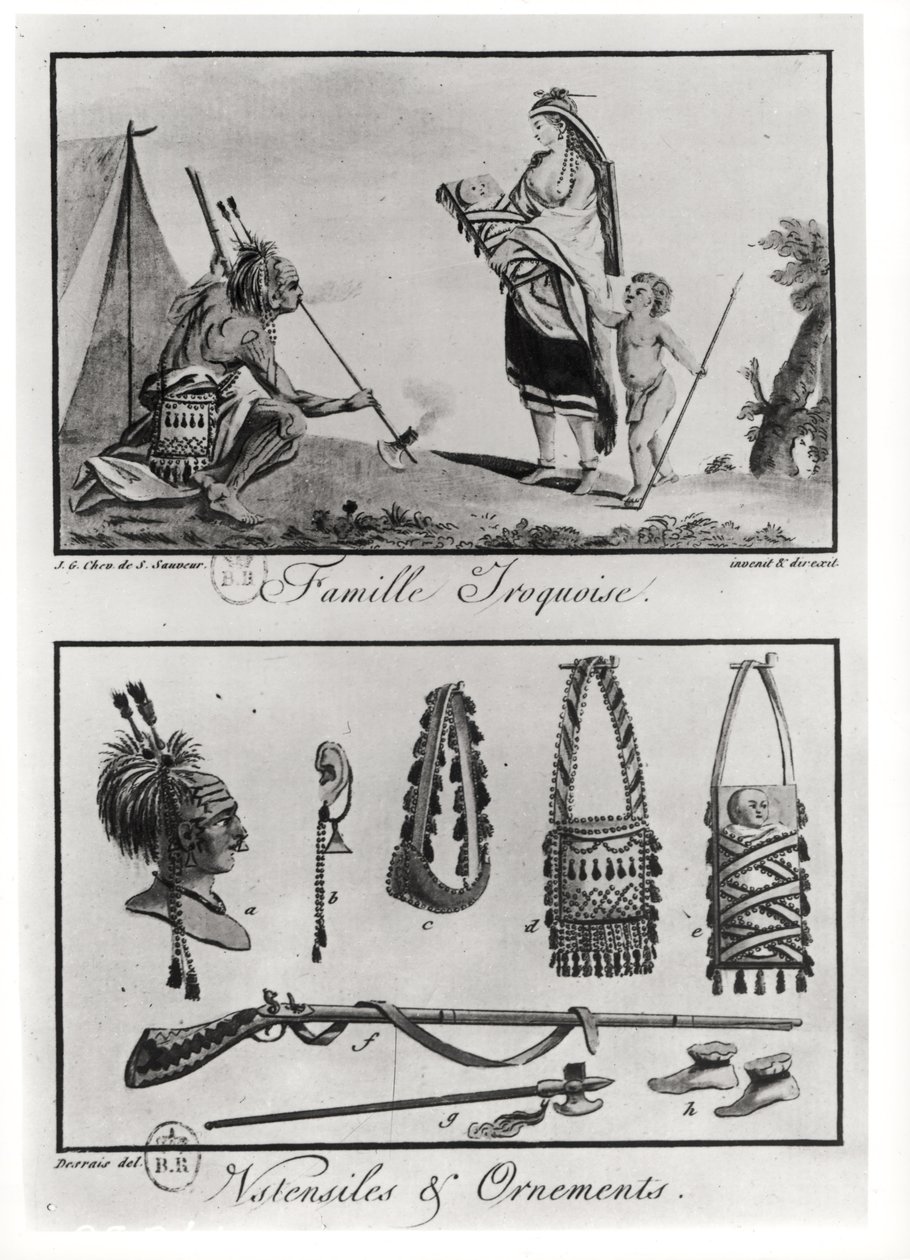 Rodzina Irokezów, broń i ornamenty, z "Tableaux cosmographiques de l