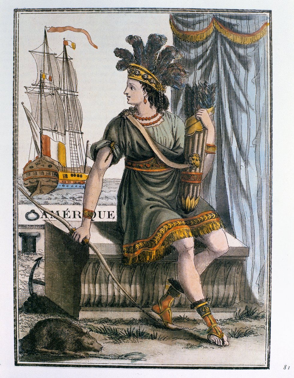 Alegoria Ameryki, frontyspis „Encyclopedie des Voyages”, ryt. J. Laroque, wydana w 1796 r. autorstwa Jacques Grasset de Saint Sauveur
