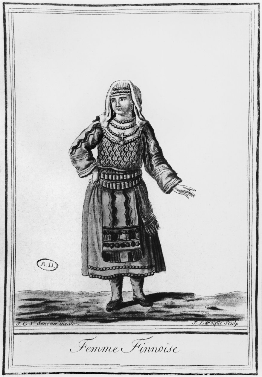 Fińska kobieta w tradycyjnym stroju, grawerowana przez J. Laroque autorstwa Jacques Grasset de Saint Sauveur
