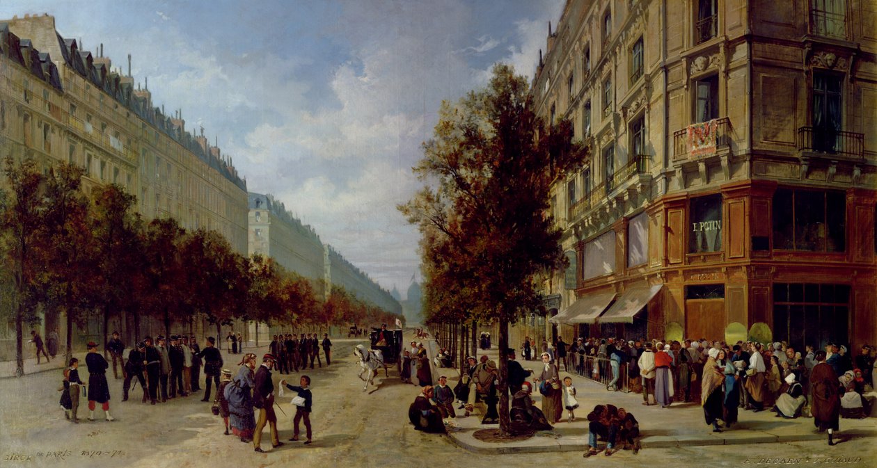 Oblężenie Paryża. Kolejka przy drzwiach sklepu spożywczego, 1870 autorstwa Jacques Guiaud