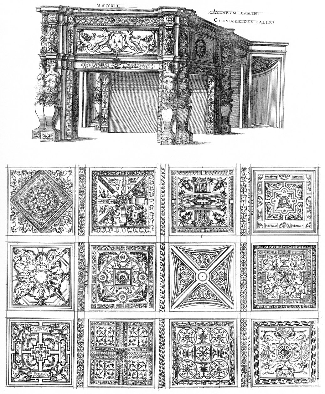 Grawerowanie z Le premier volume des plus excellents Bastiments de France autorstwa Jacques I Androuet du Cerceau, projekty kominków i podłóg dla Château de Madrid autorstwa Jacques I Androuet du Cerceau