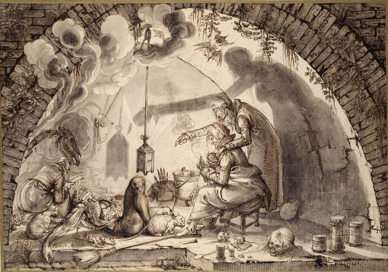 Kuchnia czarownicy, ok. 1600 (pióro, tusz i wash na papierze) autorstwa Jacques II de Gheyn