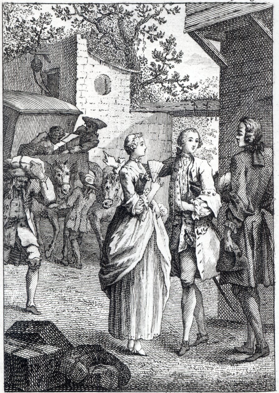Spotkanie Chevalier Des Greux i Manon, scena z „Manon Lescaut” Antoine Francois Prevost d