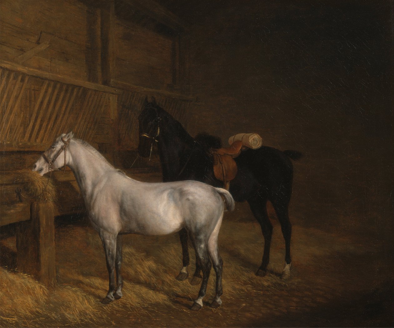 Szary kucyk i czarny ładowacz w stajni autorstwa Jacques Laurent Agasse