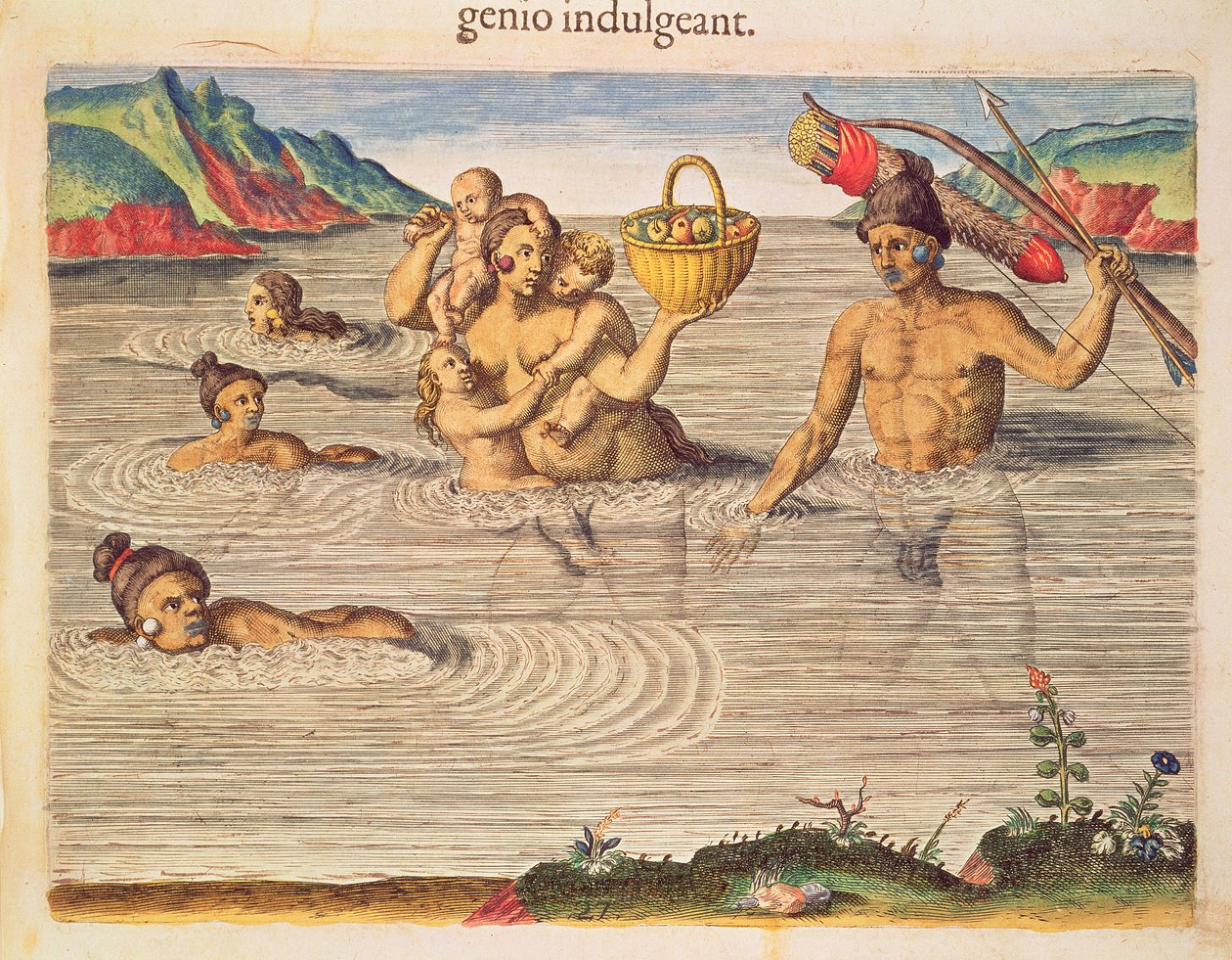 Rodzina przeprawiająca się przez rzekę, z „Brevis Narratio...”, sztychowana przez Theodore de Bry (1528-98) opublikowana we Frankfurcie, 1591 autorstwa Jacques Le Moyne