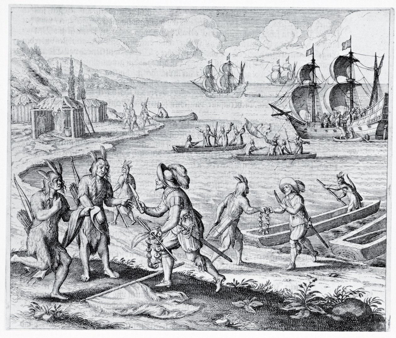 Angielski handel z Indianami z Indii Zachodnich, z „Americae”, napisany i grawerowany przez Theodora de Bry (1525-75), 1628 autorstwa Jacques Le Moyne