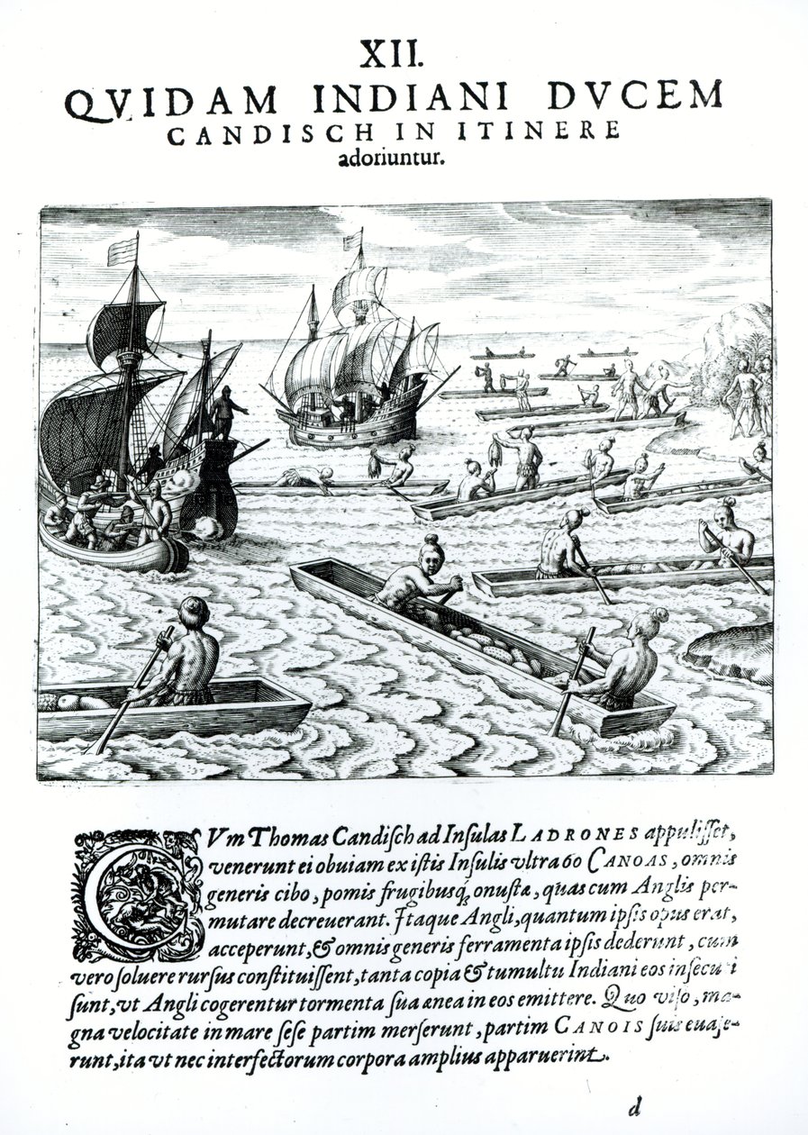 Wyprawa Thomasa Cavendisha z Ameryki, napisana i rytowana przez Theodore de Bry (1528-98) 1593 autorstwa Jacques Le Moyne