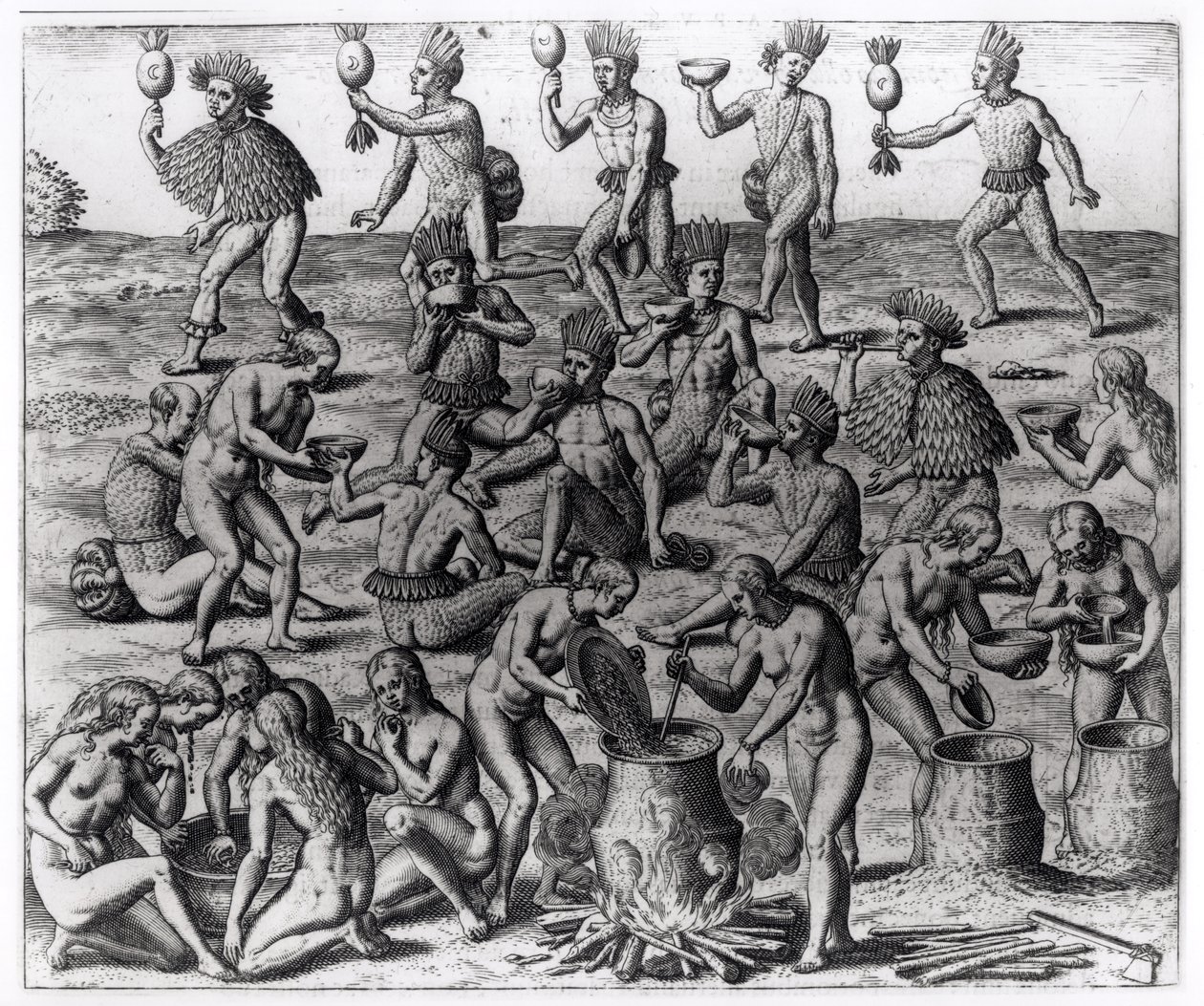 Indyjskie kobiety przygotowujące korzeń manioku, grawerowane przez Theodore de Bry (1528-98), z "Americae", 1593 autorstwa Jacques Le Moyne