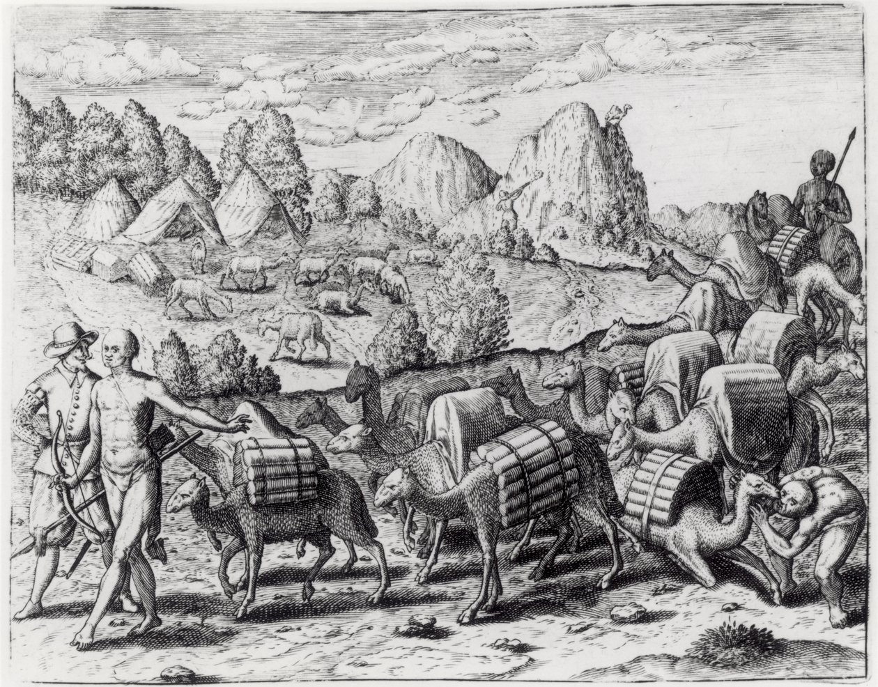 Pociąg lam obciążony srebrem z kopalni Potosi w Peru, grawerowany przez Theodore de Bry (1528-98), z „Americae”, 1602 autorstwa Jacques Le Moyne