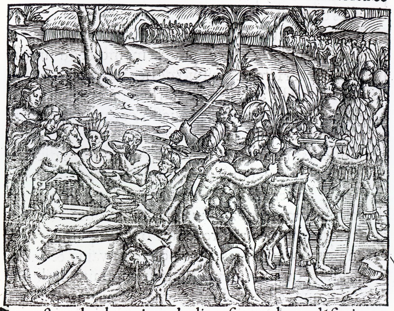 Procesja tubylców pijących i palących, ryty przez Theodora de Bry (1525-75) autorstwa Jacques Le Moyne