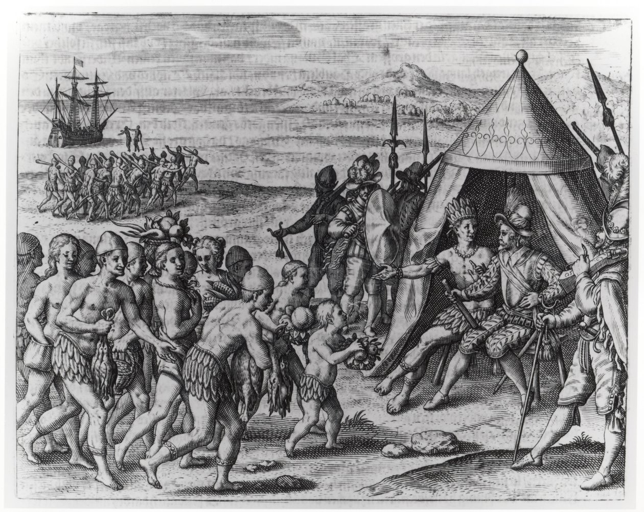 Sir Walter Raleigh (1554-1618) próbujący nawiązać przyjaźń z królem Gujany Arromaia, z „Americae”, wyryty i napisany przez Theodora de Bry (1528-98) autorstwa Jacques Le Moyne