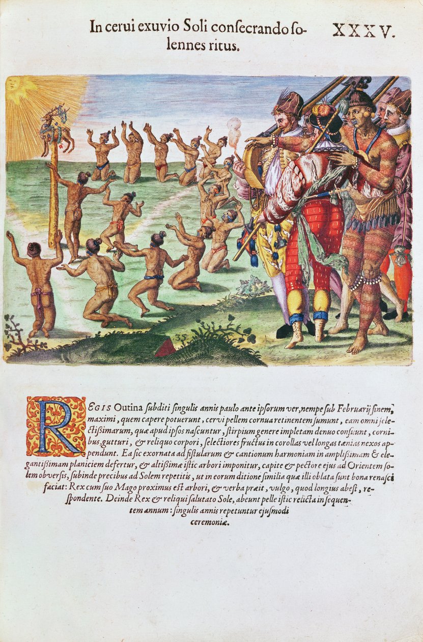 Rytuał kultu słońca z ofiarą jelenia, z „Brevis Narratio”, ryty przez Theodore de Bry (1528-98) 1563 autorstwa Jacques Le Moyne