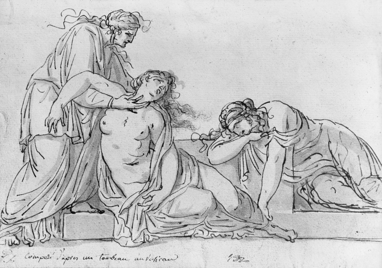 Stara kobieta pochylająca się nad dwiema omdlałymi kobietami, ok. 1776 (pióro i brązowy atrament, szare pranie i pierre noire na papierze) autorstwa Jacques Louis David