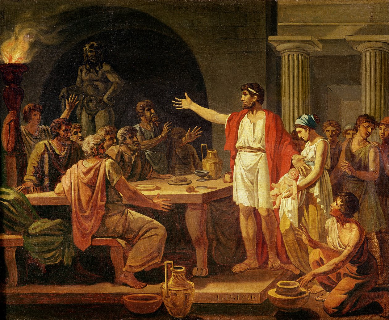 Studium dla Likurga pokazujące starożytnych Sparty ich króla, 1791 autorstwa Jacques Louis David