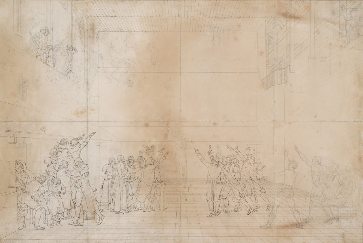 Studium do Przysięgi na korcie tenisowym, ok. 1790 (tusz i grafit na papierze) autorstwa Jacques Louis David