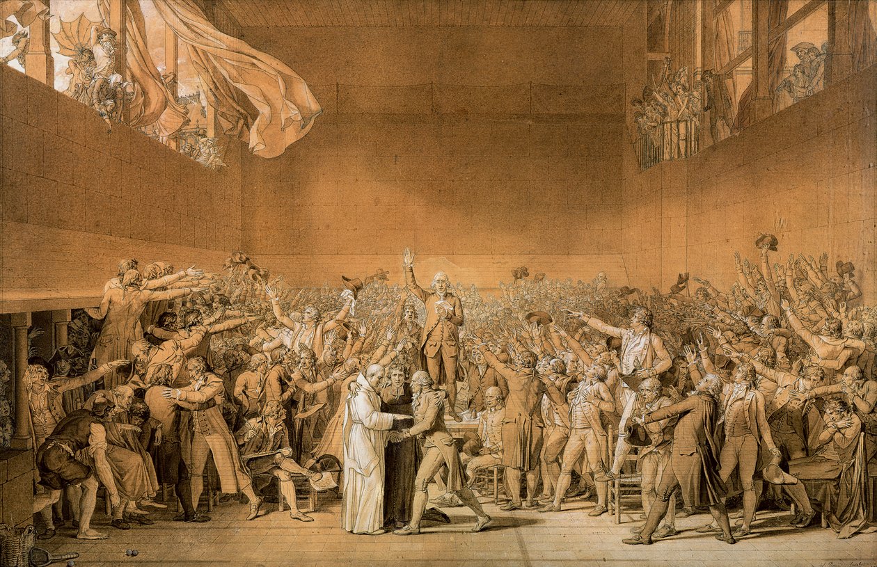 Przysięga kortu tenisowego, 20 czerwca 1789, 1791 (długopis umyty bistre z białymi pasemkami na papierze) (patrz także 14667) autorstwa Jacques Louis David