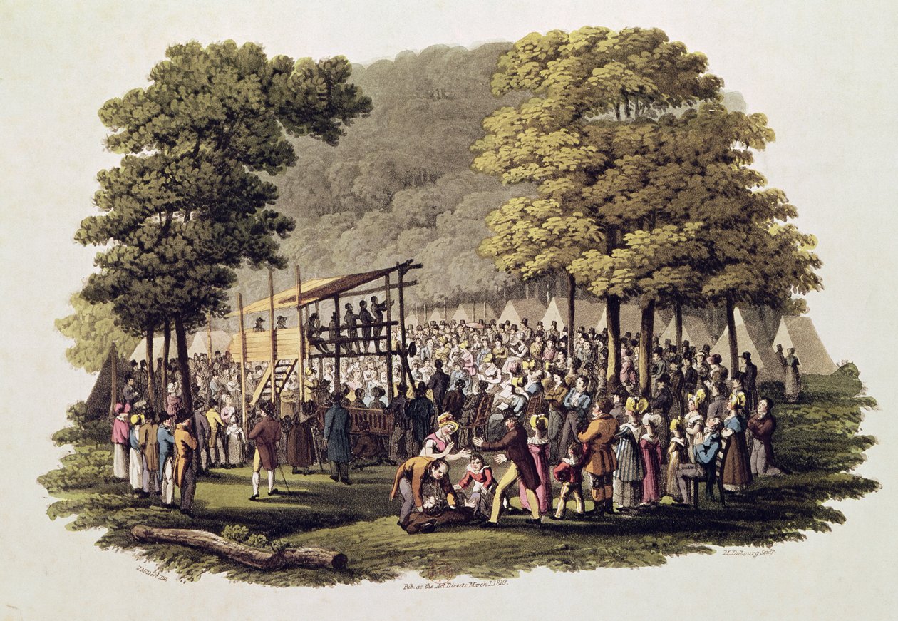 Spotkanie obozowe metodystów w Ameryce Północnej, rytowane przez Matthew Dubourga (fl.1813-20) 1819 autorstwa Jacques Milbert