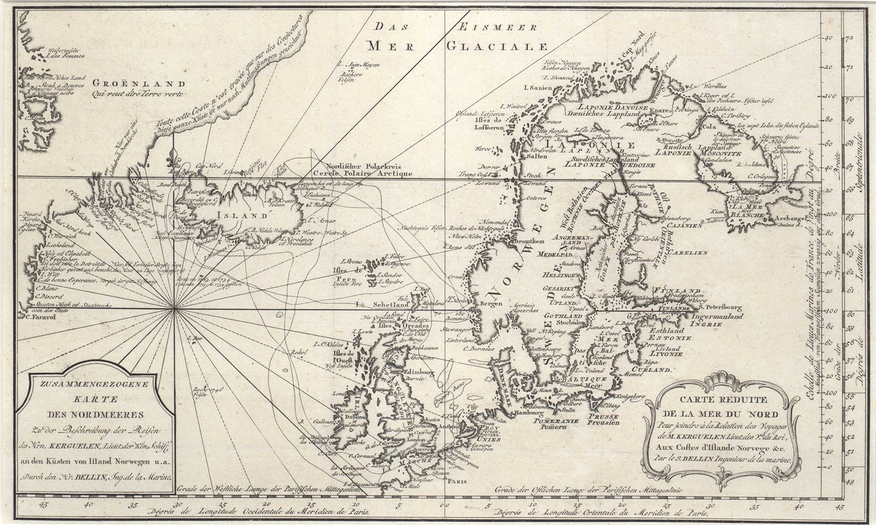 Mapa Północnego Oceanu Atlantyckiego z Morzem Północnym autorstwa Jacques Nicolas Bellin