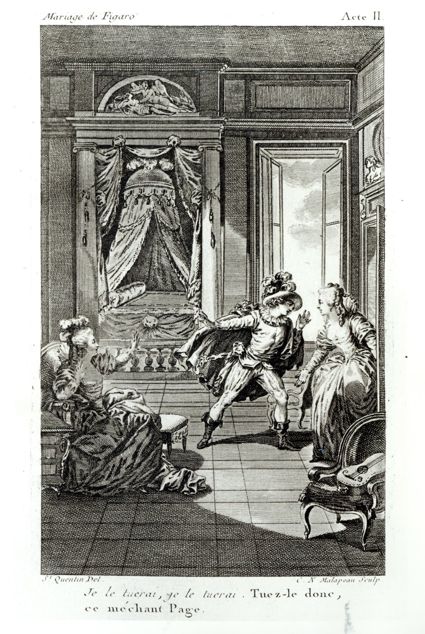 „Zabiję go...”, scena z II aktu „Wesela Figara” Pierre-Augustina Carona de Beaumarchais (1732-99) sztychowana przez Claude Nicolas Malapeau (1755-1803) 1785 (bw fot. autorstwa Jacques Philippe Joseph de Saint Quentin