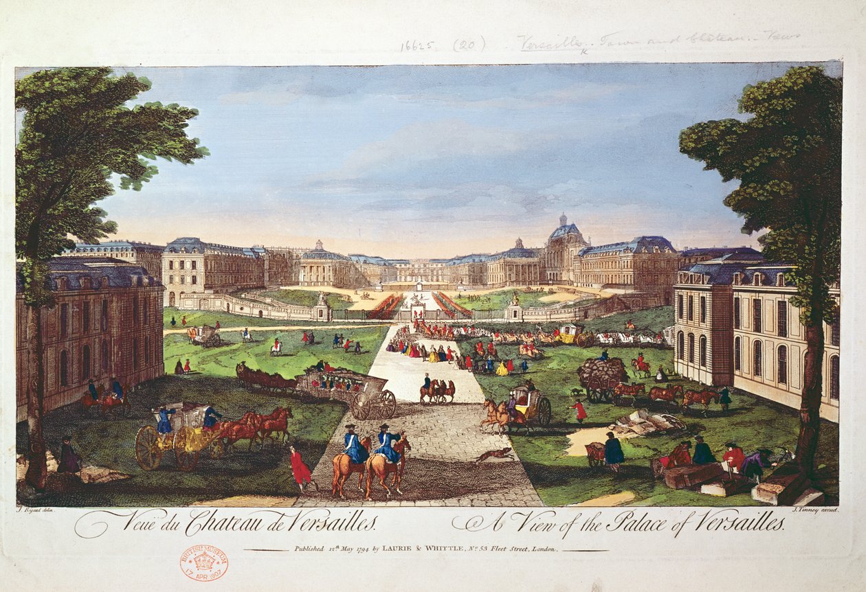 Widok Pałacu Wersalskiego, 1794 (kolorowe grawerowanie) autorstwa Jacques Rigaud