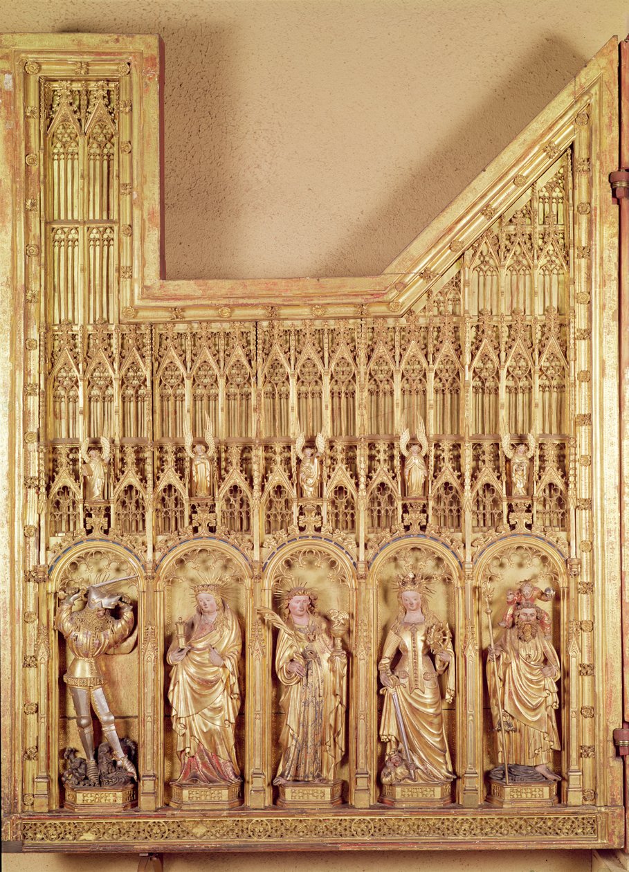 Ołtarz Ukrzyżowania, fragment lewego panelu przedstawiający SS. Jerzego, Marii Magdaleny, Jana, Katarzyny Aleksandryjskiej i Krzysztofa, z kościoła Chartreuse de Champmol, c.1391 (gi autorstwa Jacques de Baerze or Baers
