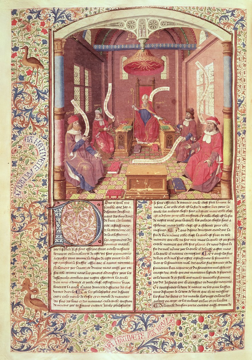 Ms 246 fol.354v św. Augustyn, Epikur, Zenon, Antiochus i Barron, z „De Civitate Dei” św. Augustyna z Hippony (354-430) w przekładzie Raoula de Presles autorstwa Jacques de Besancon