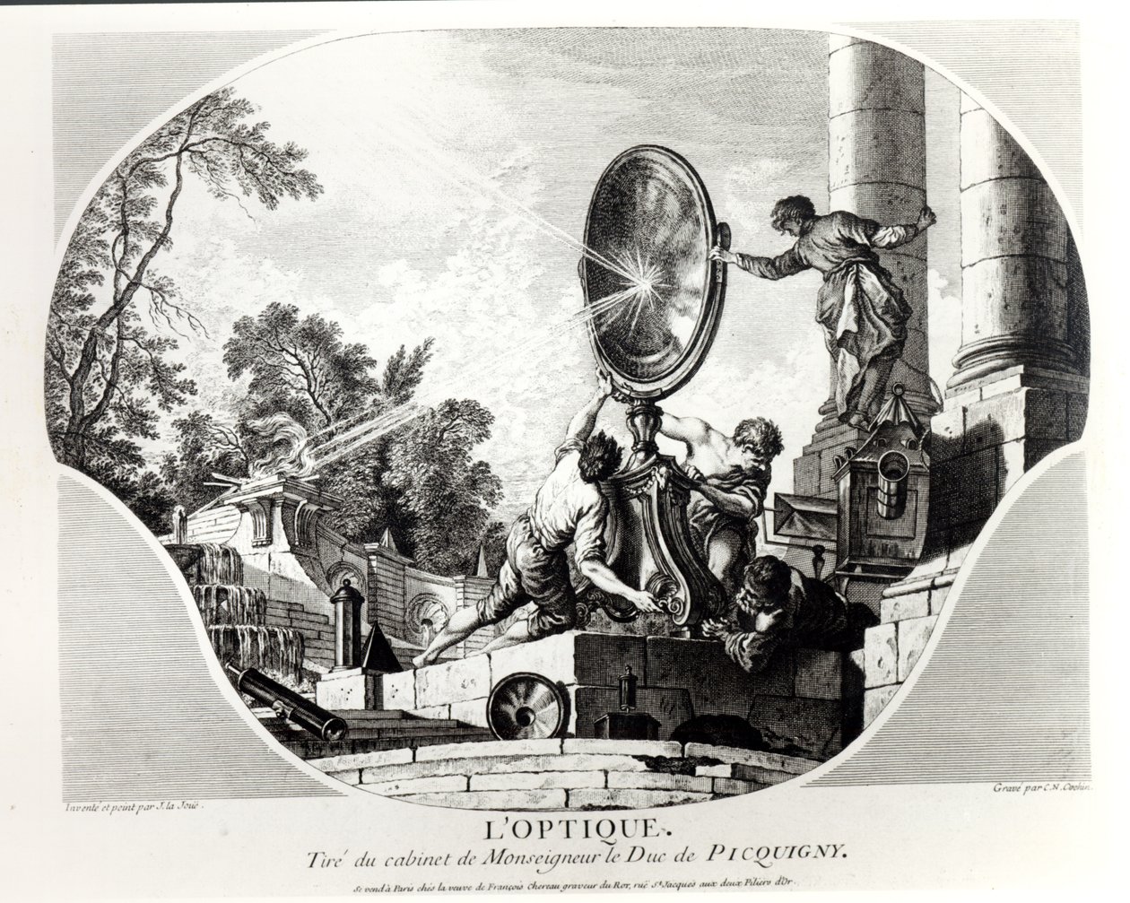 Płonące lustro, alegoria optyki, grawerowane przez Charlesa Nicolasa Cochina (1715-90) autorstwa Jacques de Lajoüe